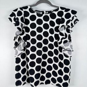 Who What‎ Wear White/Black Polka Dot Linen Ruffle Sleeve Blouse